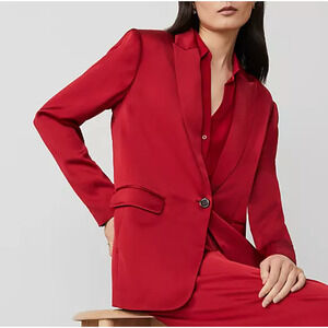 NWT ANN TAYLOR GINGHAM RED LONGLINE SATIN BLAZER JACKET SZ 6P 6 PETITE